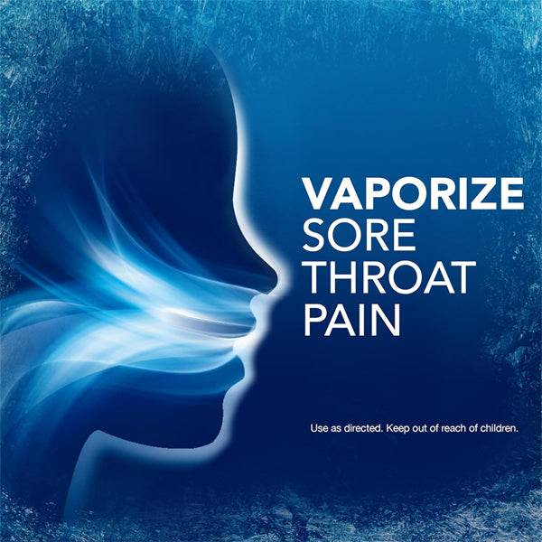 A face silhouette with blue vapor through the throat highlights Vicks 5 Pack VapoCool Severe Medicated Cherry Drops (45 count each) for powerful sore throat relief, alongside the text: Vaporize Sore Throat Pain.