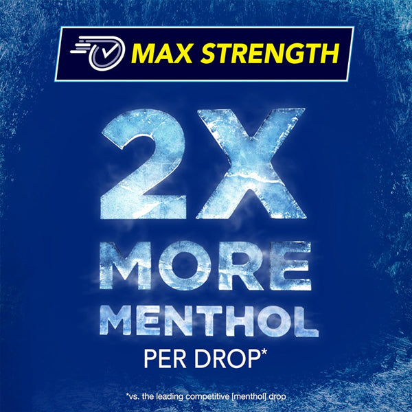 Text on a blue icy background reads: Vicks VapoCool Severe. 2X More Menthol Per Drop* for powerful sore throat relief vs. leading competitor. Cherry Flavor, 5 Pack (45 drops each).