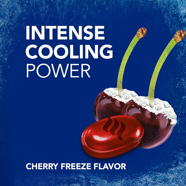 A blue background shows a red lozenge and two frosted cherries with the text “Intense Cooling Power” and “Cherry Freeze Flavor.” Vicks VapoCool Severe Medicated Sore Throat Drops offer menthol relief. 5 pack, 45 drops each.