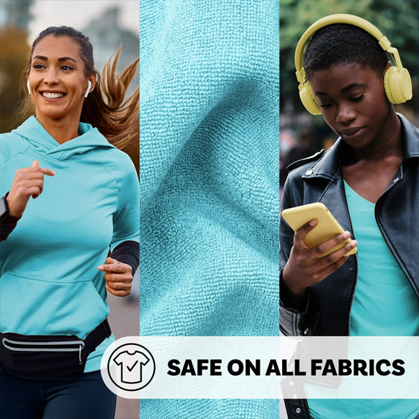 Three vertical panels show a woman jogging, blue fabric, and a woman with headphones using her phone; text reads Safe On All Fabrics—Downy Unstopables Laundry Scent Booster Beads Fresh Scent keeps every moment vibrant.