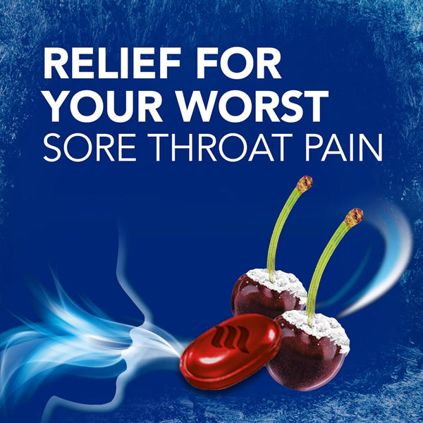 A blue background shows Relief for your worst sore throat pain above two cherries and a red lozenge, highlighting Vicks 5 Pack VapoCool Severe Medicated Sore Throat Drops Cherry Flavors menthol power, with a blue swirl to the left.