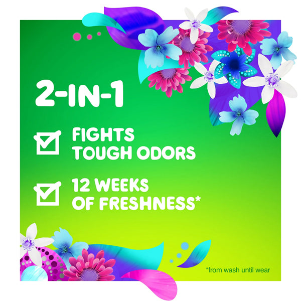 Vibrant graphic with “2-IN-1,” “Fights Tough Odors,” and “12 Weeks of Lasting Freshness*” text highlights the power of Gain + Odor Defense In-Wash Scent Booster Super Fresh Blast Scent, 5 Pack (5.7 oz), on a green floral background.