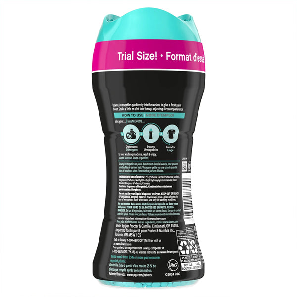 Back view of a 5 Pack - Downy Unstopables Laundry Scent Booster Beads Fresh Scent 5.7 oz by Downy, showing usage instructions and product details for a long-lasting fresh scent in every wash.