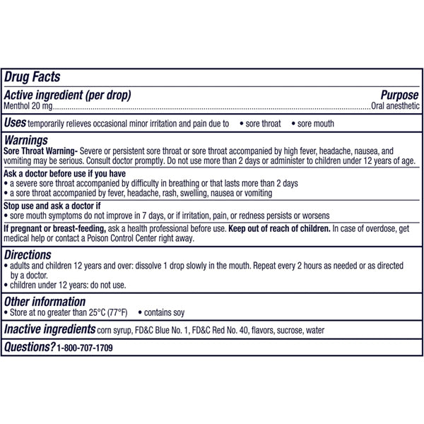 Drug facts label for Vicks VapoCool Severe Medicated Sore Throat Drops Cherry Flavor, 20 mg menthol per drop, 5 pack (45 each): uses for sore throat relief, warnings, directions, storage info, and contact number included.