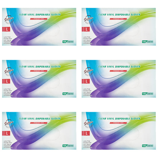 Six boxes of Unbranded 6 Pack - Clear Vinyl Powder-Free Large Disposable Gloves, 100 ct each, are arranged in two rows of three on a white background.