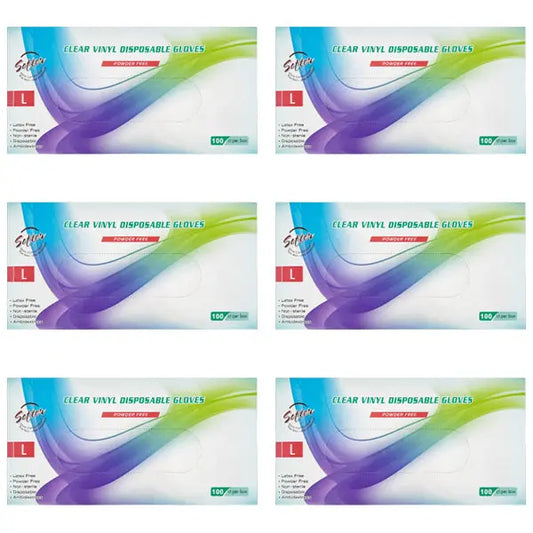 Six boxes of Unbranded 6 Pack - Clear Vinyl Powder-Free Large Disposable Gloves, 100 ct each, are arranged in two rows of three on a white background.