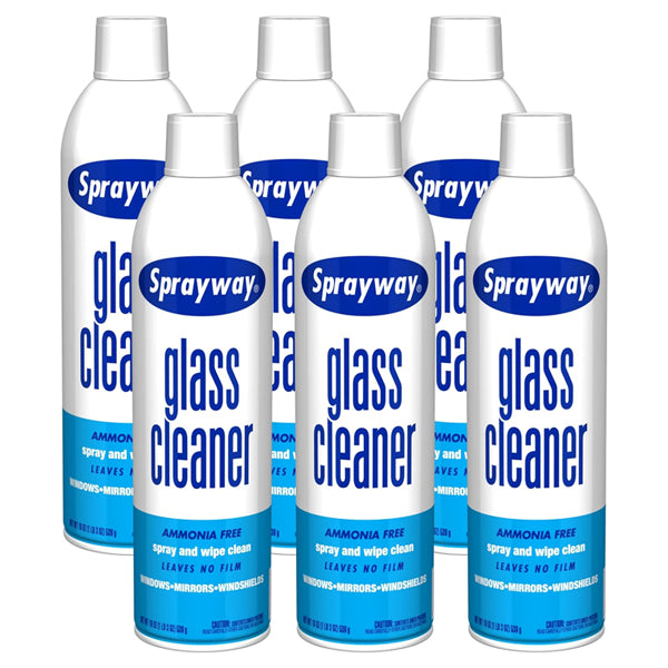 Six cans of Sprayway Ammonia Free Glass Cleaner with foaming spray, 19oz each, are arranged in two rows.