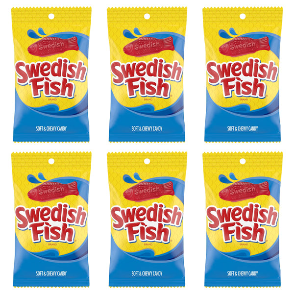 Six packs of Swedish Fish Soft & Chewy Candy 8oz bags by Swedish Fish are displayed in two rows of three against a white background, highlighting their classic fruity flavor.