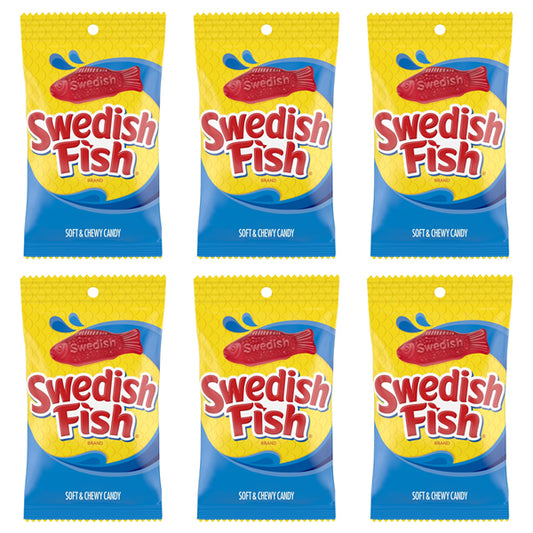 Six packs of Swedish Fish Soft & Chewy Candy 8oz bags by Swedish Fish are displayed in two rows of three against a white background, highlighting their classic fruity flavor.