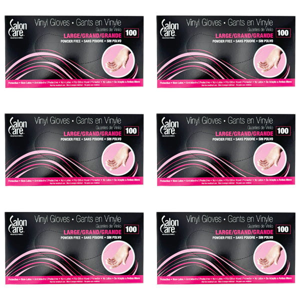 Six boxes of Salon Care Large Powder Free Vinyl Gloves (100 count each, 6 pack) are arranged in two rows of three. The black packaging with pink and white accents is ideal for salon use.