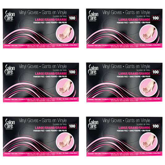 Six boxes of Salon Care Large Powder Free Vinyl Gloves (100 count each, 6 pack) are arranged in two rows of three. The black packaging with pink and white accents is ideal for salon use.