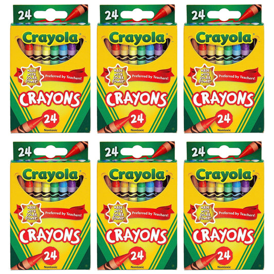Six boxes of Crayola 24 Count Assorted Color Crayons are arranged in two rows of three. Each classic yellow and green box features a red Crayons banner, perfect for school art projects or coloring books. Brand: Crayola.