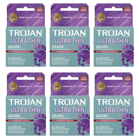 Six packs of Trojan Condom Sensitivity Ultra Thin Spermicidal (3-count each) by Trojan are arranged in two rows of three against a white background.