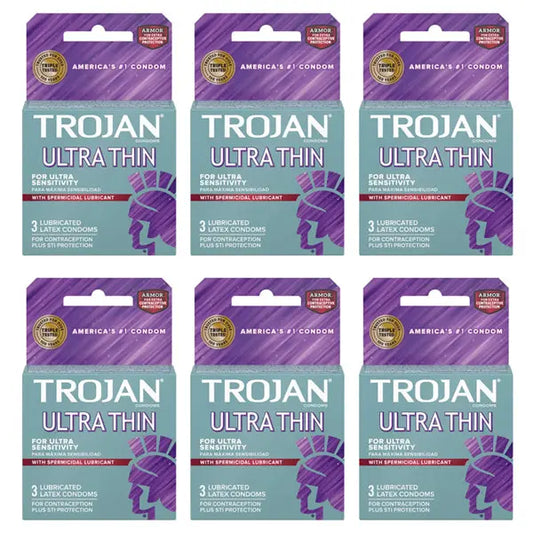 Six packs of Trojan Condom Sensitivity Ultra Thin Spermicidal (3-count each) by Trojan are arranged in two rows of three against a white background.