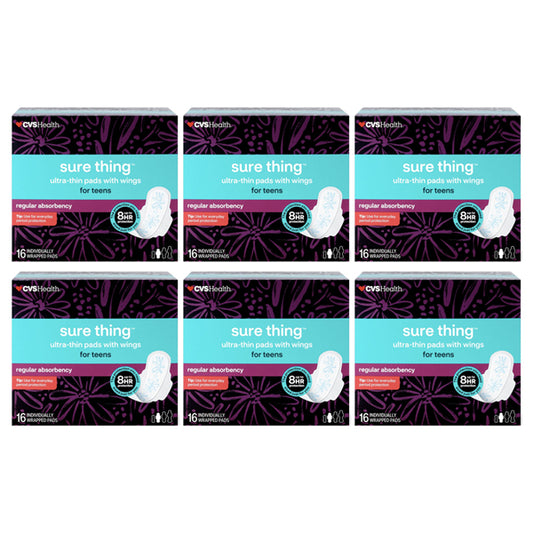 Six 16-count packs of CVS Health Sure Thing Ultra-thin Pads for Teens with wings, regular absorbency, are arranged in two rows of three. Brand: CVS.