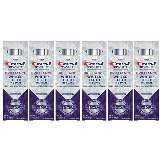 Six boxes of Crest 3D White Brilliance Pro Enamel Protect Toothpaste (3oz each), arranged in a row, showcase the enamel safe formula for effective teeth whitening. This 6 pack highlights the trusted Crest brand.