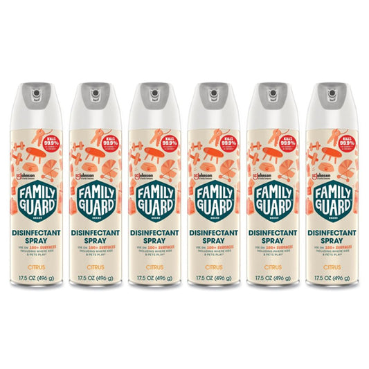 Six cans of Family Guard Disinfectant Cleaner Citrus Scent 17.5oz are arranged in a row. Each spray by Family Guard features an orange and white design and kills 99.9% of germs while deodorizing and disinfecting your space.