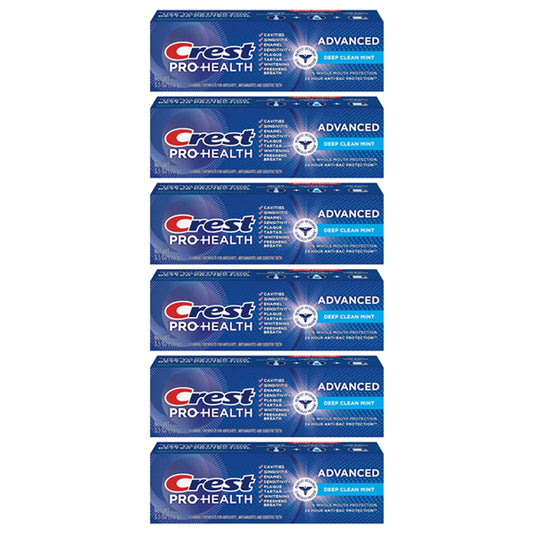 Six boxes of Crest Pro-Health Advanced Deep Clean Mint Toothpaste 3.5oz are stacked vertically, each displaying the Crest logo and product details on a blue background. This 6-pack offers powerful cleaning for a healthier smile.