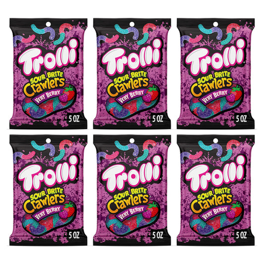Six packs of Trolli Sour Brite Crawlers Very Berry Sweet and Sour Gummy Worms 5oz, from Trolli, are displayed in two rows of three against a white background.