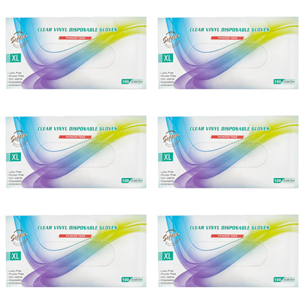 Six boxes of Unbranded Clear Vinyl Powder-Free X-Large Disposable Gloves, each containing 100 gloves, are arranged in two rows of three.
