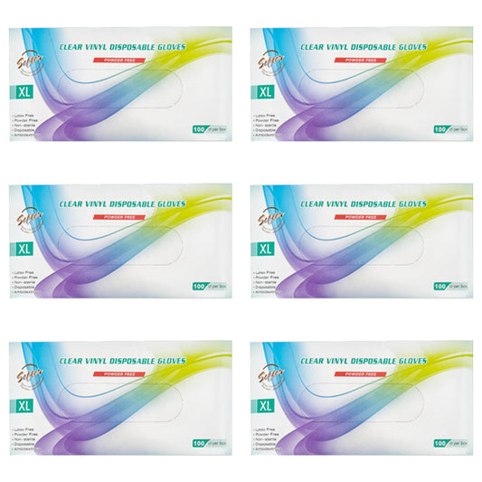 Six boxes of Unbranded Clear Vinyl Powder-Free X-Large Disposable Gloves, each containing 100 gloves, are arranged in two rows of three.