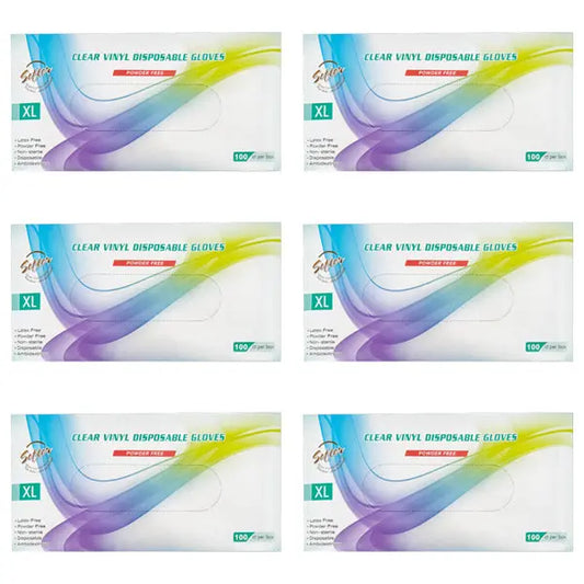 Six boxes of Unbranded Clear Vinyl Powder-Free X-Large Disposable Gloves, each containing 100 gloves, are arranged in two rows of three.