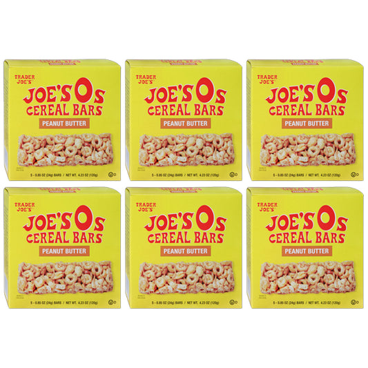 Six packs of Trader Joes Joes Os Cereal Bars Peanut Butter (5 bars each) are neatly arranged in two rows of three against a white background.