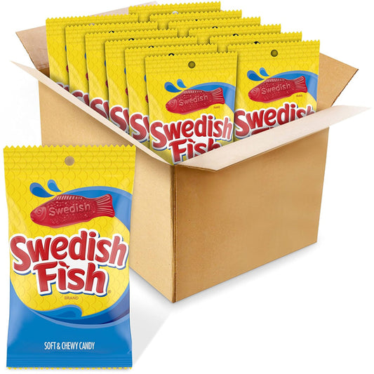 A box containing 12 packs of Swedish Fish Soft & Chewy Candy 8oz bags, with one yellow-branded pack of the fruity candy displayed in front.