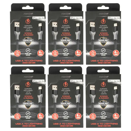 6 Pack - PowerXcel 4-Foot USB-A to Lightning Charge & Sync Cable Wholesale Bundle PowerXcel