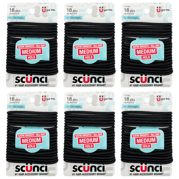Six packs of Scunci No Damage Satin Smooth Medium Hold Black Hair Elastics, 18 count each, for gentle, comfortable, all-day hold and styling.
