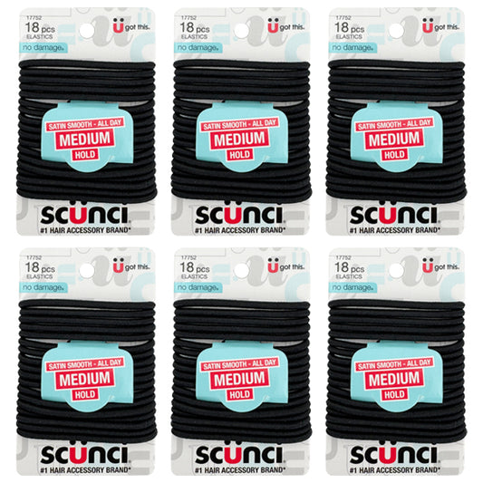 Six packs of Scunci No Damage Satin Smooth Medium Hold Black Hair Elastics, 18 count each, for gentle, comfortable, all-day hold and styling.