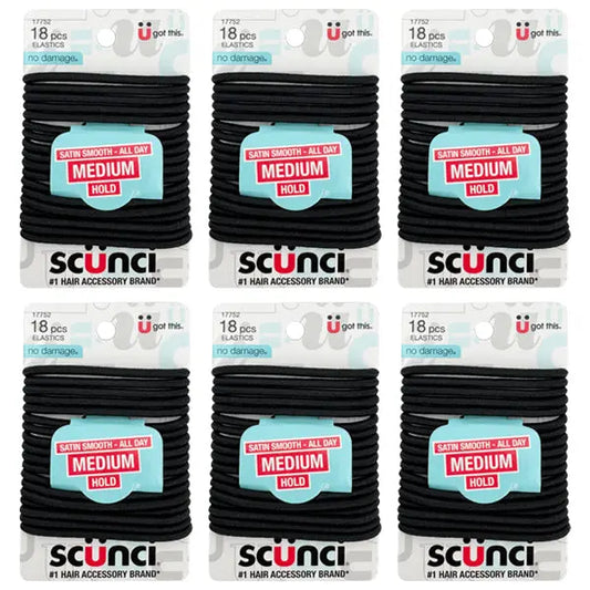 Six packs of Scunci No Damage Satin Smooth Medium Hold Black Hair Elastics, 18 count each, for gentle, comfortable, all-day hold and styling.