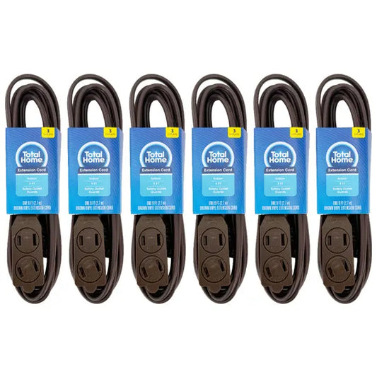 6 Pack - Total Home 3 Outlet Extension Cord 9ft Brown Vinyl Total Home