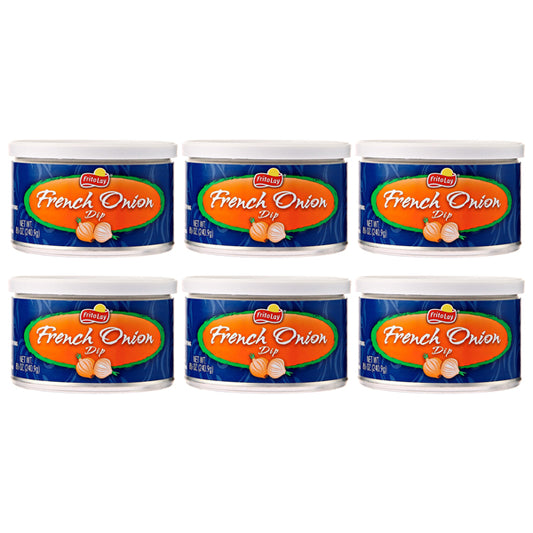 Six FritoLay Dip French Onion Flavor 8.5oz containers are arranged in two rows of three, each with a blue label featuring orange and white text and onion graphics, perfect for pairing with LAY’S Wavy Original or other Frito-Lay chips.