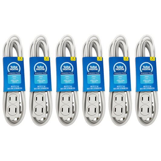 6 Pack - Total Home 3-Outlet Indoor Extension Cord 9 Ft White