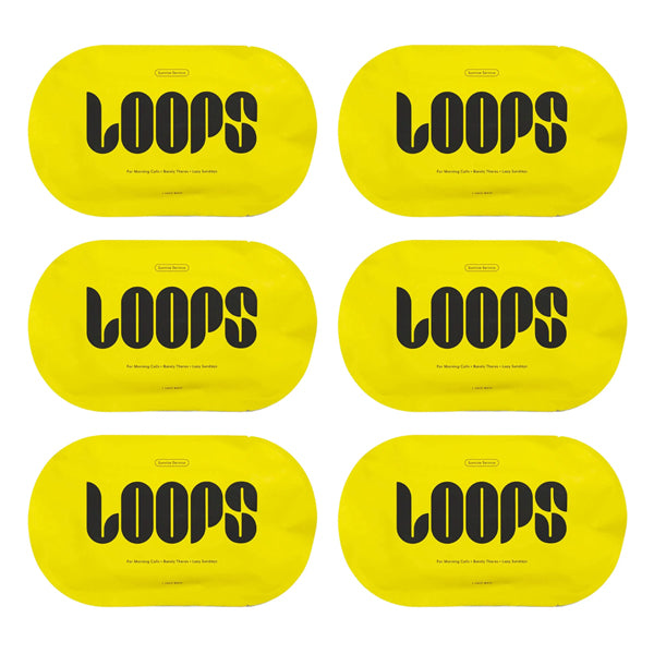 Six yellow LOOPS packets, labeled “Sunrise Service Brightening Hydrogel Face Mask,” are arranged in two rows of three, highlighting the brand’s focus on deep hydration and antioxidants.
