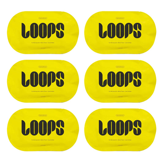 Six yellow LOOPS packets, labeled “Sunrise Service Brightening Hydrogel Face Mask,” are arranged in two rows of three, highlighting the brand’s focus on deep hydration and antioxidants.