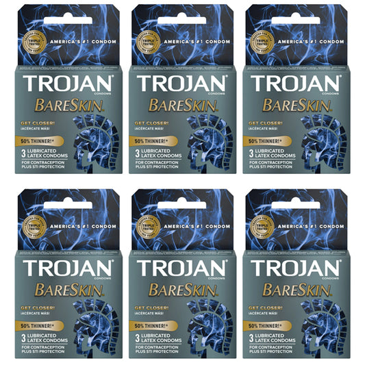 Six 3-count boxes of Trojan Sensitivity BareSkin Lubricated Premium Latex Condoms are arranged in two rows, each box featuring the brand name and product details on the front.
