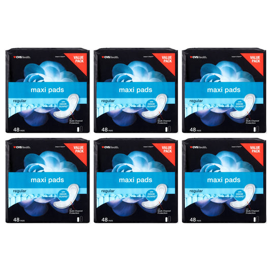 Six packs of CVS Health Maxi Pads Regular with Odor Guard, 48 count each, from CVS, arranged in two rows of three against a white background, providing reliable protection and everyday comfort.