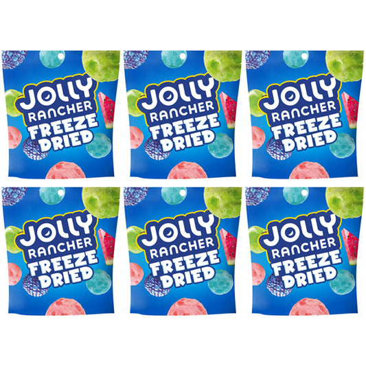 Six 2oz Jolly Rancher Freeze Dried Original Fruit Flavored Candy bags are arranged in two rows of three, offering a crunchy and fruity snack experience in each airy pack.