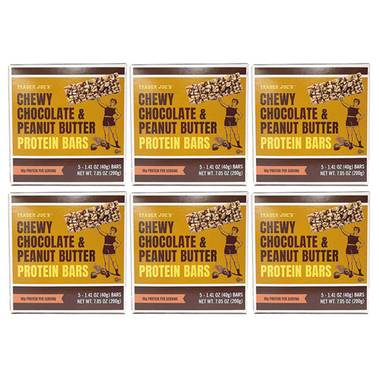 Six boxes of Trader Joes Chewy Chocolate & Peanut Butter Protein Bars, with 5 bars per box, neatly arranged in two rows of three.