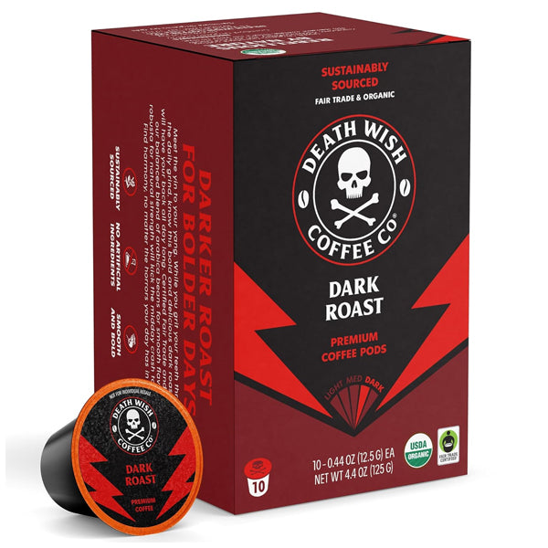 The 6 Pack - Death Wish Coffee Dark Roast Single-Serve Coffee Pods (10 count each) by Death Wish features bold graphics, a skull logo, and fair trade and USDA organic labels—ideal for high-quality coffee fans.