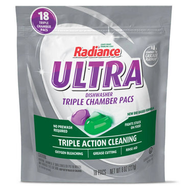 Front view of a 6 Pack - Radiance Triple Chamber Ultra Dishwasher Detergent Pacs, each pack containing 18 pods for triple action cleaning with powerful grease cutting, oxygen bleaching, and built-in rinse aid.