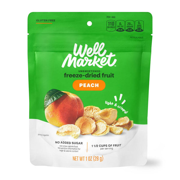A 6-pack of Gold Emblem Abound Peach Freeze Dried Fruit Crisps (1oz each) in resealable pouches, featuring images of peaches and peach slices on the front.