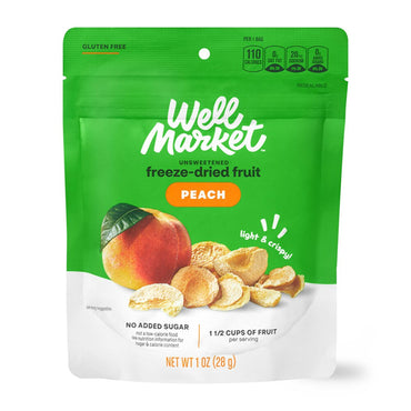 A 6-pack of Gold Emblem Abound Peach Freeze Dried Fruit Crisps (1oz each) in resealable pouches, featuring images of peaches and peach slices on the front.