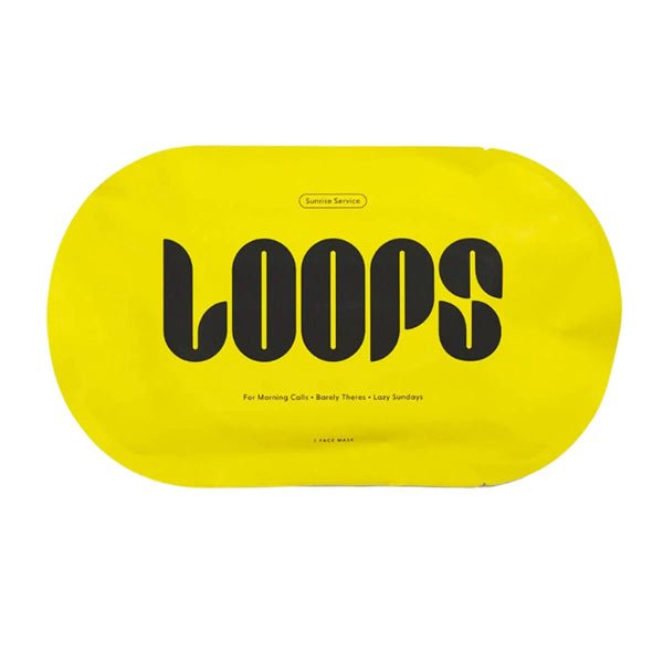A yellow rectangular LOOPS packet with rounded edges, labeled in bold black, contains the 6 Pack - Loops Beauty Sunrise Service Brightening Hydrogel Face Mask, enriched with antioxidants for deep hydration.