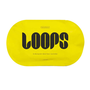 A yellow rectangular LOOPS packet with rounded edges, labeled in bold black, contains the 6 Pack - Loops Beauty Sunrise Service Brightening Hydrogel Face Mask, enriched with antioxidants for deep hydration.