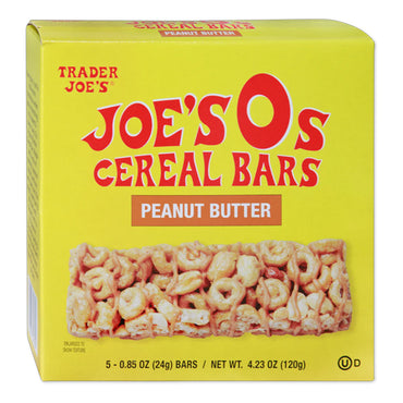 A yellow box of Trader Joe’s 6 Pack Joes Os Peanut Butter Cereal Bars (5 count each), ideal for breakfast snacks, features an image of a cereal bar on the front.