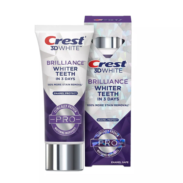 A 6 pack of Crest 3D White Brilliance Pro Enamel Protect Toothpaste (3oz), featuring whiter teeth in 3 days, enamel-safe protection, and an eye-catching purple and white box design.