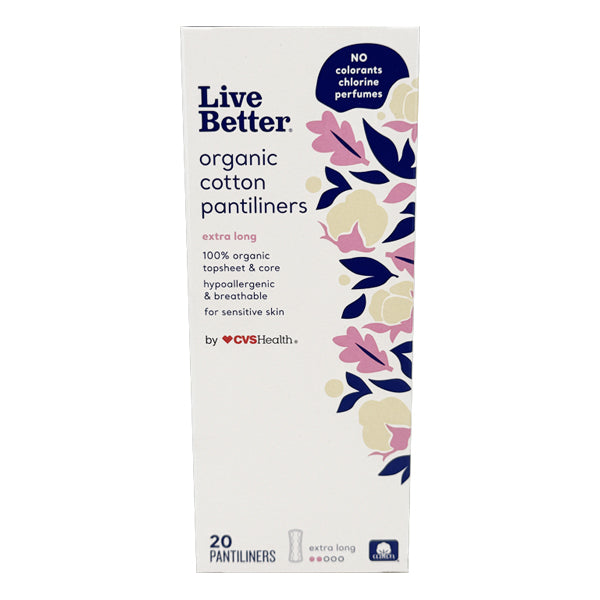 A 6 pack of CVS Live Better Organic Cotton Pantyliners Extra Long (20 count each), hypoallergenic, skin-friendly, and free of colorants, chlorine, and perfumes.